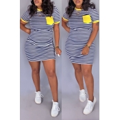 LW Casual O Neck Striped Patchwork Yellow Mini Dre