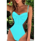 Lovely Spaghetti Straps Backless Blue One-piece Sw