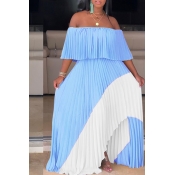 Lovely Stylish Off The Shoulder Patchwork Blue Flo