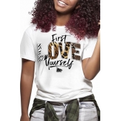 LW BASICS Casual O Neck Letter Printed White T-shi