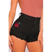 Lovely Casual Rose Embroidery Black Jeans
