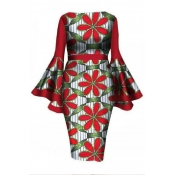 Lovely Casual O Neck Printed Red Knee Length Plus 