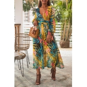 Lovely Bohemian V Neck Printed Blue Ankle Length A