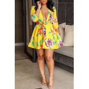 Lovely Sweet V Neck Printed Yellow Mini Dress