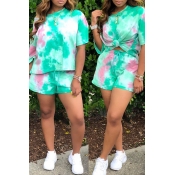Lovely Casual O Neck Tie-dye Green Two-piece Short