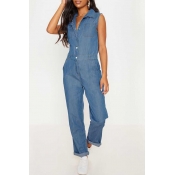 Lovely Stylish Buttons Design Blue One-piece Jumps