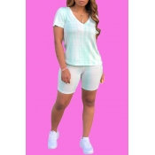 Lovely Casual V Neck Light Green Two-piece Shorts 