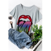 Lovely Casual O Neck Lip Printed Grey Plus Size T-