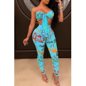 Lovely Trendy Off The Shoulder Printed Blue Two-pi