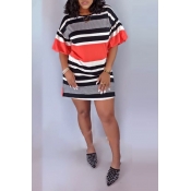 Lovely Casual O Neck Hubble-bubble Sleeve Striped 