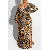 Lovely Bohemian V Neck Slit Printed Gold Floor Len