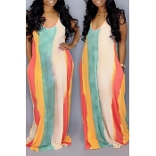 Lovely Casual U Neck Striped Multicolor Floor Leng