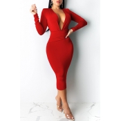 Lovely Casual Deep V Neck Red Mid Calf Dress