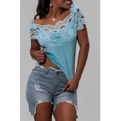 Lovely Casual Off The Shoulder Patchwork Blue Blou
