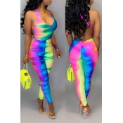 Lovely Sexy Tie-dye Backless Multicolor One-piece 