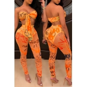 Lovely Trendy Off The Shoulder Printed Orange Two-