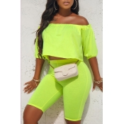 Lovely Casual Dew Shoulder Green Two-piece Shorts 