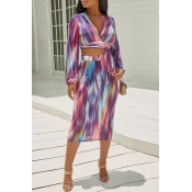 Lovely Casual V Neck Printed Multicolor Two-piece 