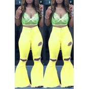 Lovely Casual Mid Waist Broken Holes Yellow Pants