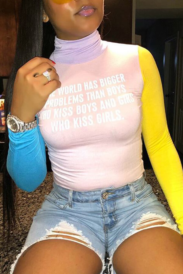 LW Casual Turtleneck Patchwork Pink T-shirt