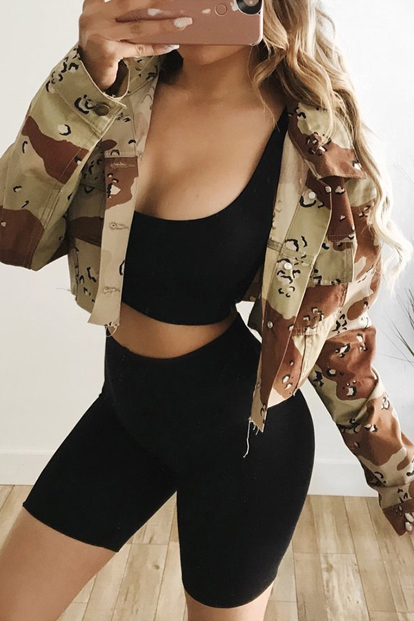 Lovely Trendy Turndown Collar Camouflage Printed Jacket