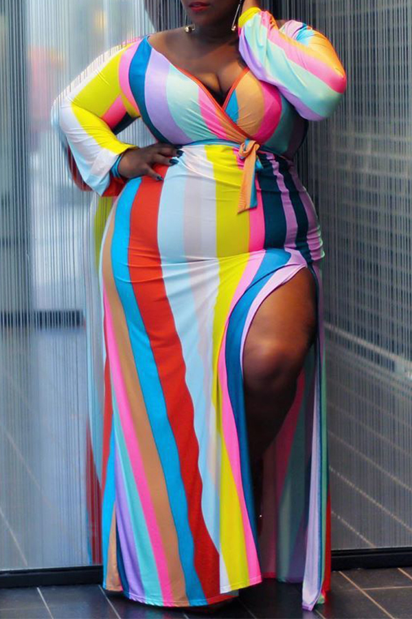 Lovely Casual Striped Slit Multicolor Floor Length Plus Size Dress