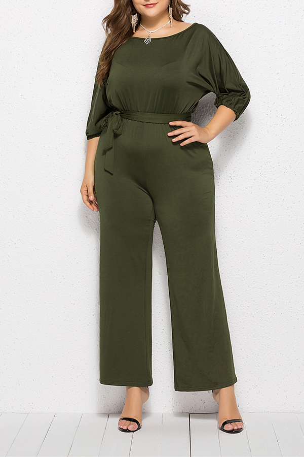 Lovely Casual Hubble-bubble Sleeves Army Green Plus Size One-piece Jumpsuit