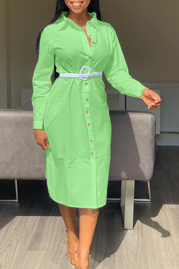 Lovely Sweet Turndown Collar Buttons Design Green Mid Calf Dress(Without Belt)
