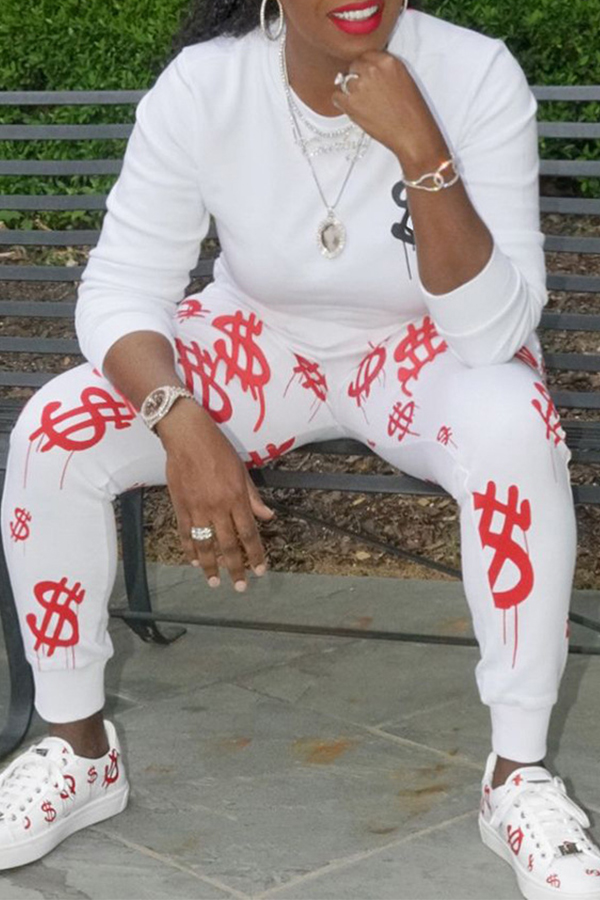 Lovely Casual O Neck Printed White Two-piece Pants Set