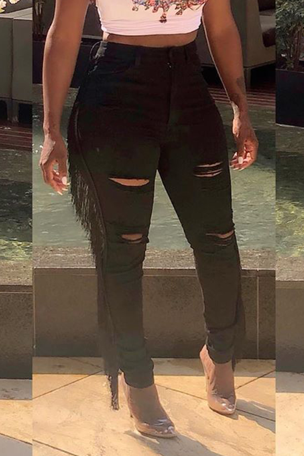 Lovely Casual Tassel Design Black Jeans