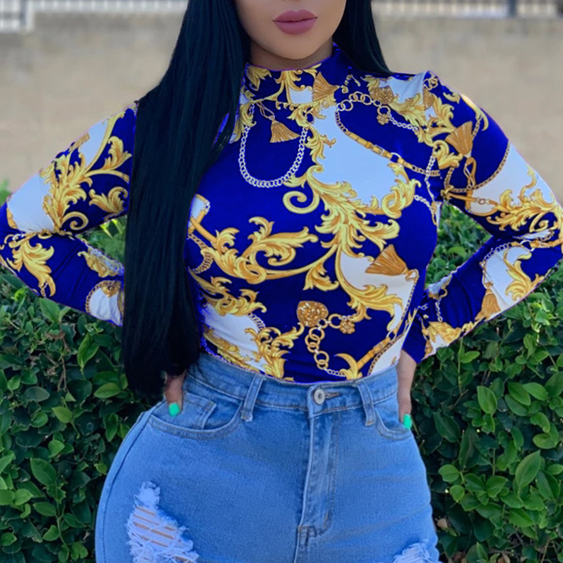 Lovely Trendy Printed Skinny Blue T-shirt