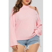 Lovely Casual Dew Shoulder Pink Plus Size Hoodie