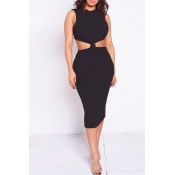 Lovely Sweet Hollow-out Black Mid Calf Dress