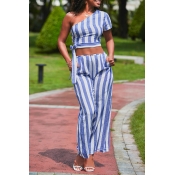 Lovely Casual One Shoulder Striped Blue Two-piece 