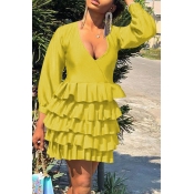 Lovely Chic Flounce Design Yellow Mini Dress