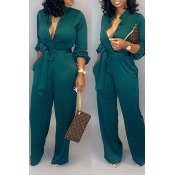 LW Work Lace-up Loose Green One-piece Jumpsuit