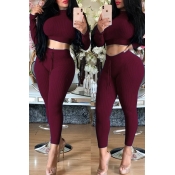 Lovely Trendy Half A Turtleneck Wine Red Two-piece