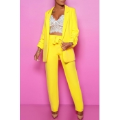 Lovely Work Turn-back Collar Yellow Two-piece Pant