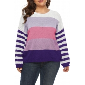 Lovely Casual Striped Purple Plus Size Sweaters