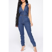 Lovely Casual Sleeveless Deep Blue One-piece Jumps