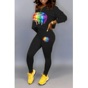 Lovely Casual Lip Printed Black Two-piece Pants Se