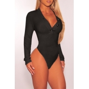 Lovely Casual Buttons Decorative Black Bodysuit