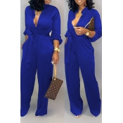 LW Work Lace-up Loose Blue One-piece Jumpsuit