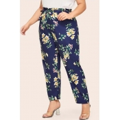 Lovely Casual Floral Printed Blue Plus Size Pants