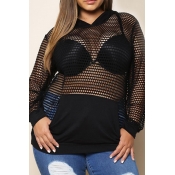 Lovely Casual Hooded Collar Hollow-out Black Plus 