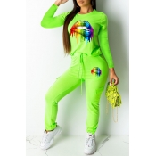 Lovely Casual Lip Printed Green Two-piece Pants Se