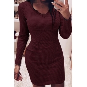 Lovely Casual V Neck Skinny Wine Red Mini Dress