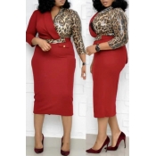 Lovely Casual Patchwork Printed Red Mid Calf Plus 