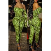 Lovely Sexy Leopard Printed Green One-piece Jumpsu