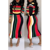Lovely Casual Striped Multicolor Mid Calf Dress